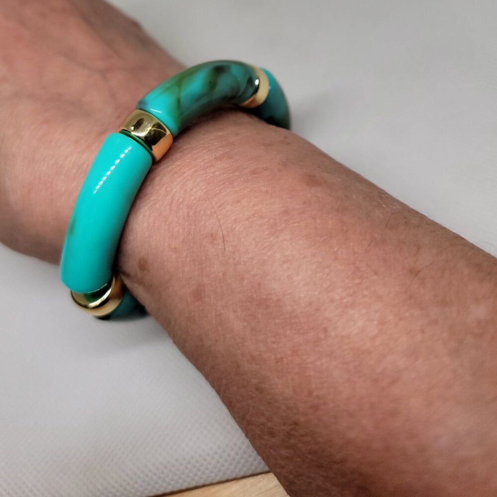 Gold Tone Turquoise Acrylic Stretch Bangle - 7" Stackable New - Picture 4 of 8